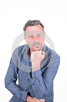 Portrait serious handsome man hand on chin over white background