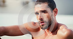 Portrait, serious and man outdoor for fitness, health and workout in city for wellness. Sports, face and confident