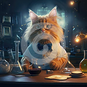 A portrait of a serious scientist cat in glasses doing a science experiment in a magical laboratory