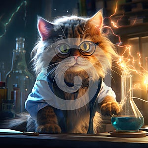 A portrait of a serious scientist cat in glasses doing a science experiment in a magical laboratory