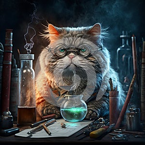 A portrait of a serious scientist cat in glasses doing a science experiment in a magical laboratory. Created with Generative AI.
