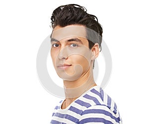 Portrait, serious and young man in studio for fashion isolated on a white background mockup space. Face, confidence and