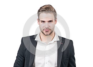 Portrait of serious young professional man in formal business wear isolated on white, guy