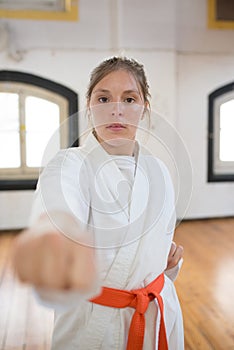 Portrait of serious young woman in combative position