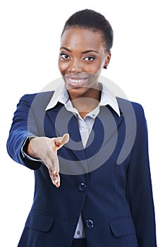 Portrait, shaking hands and black woman with business offer, deal or b2b partnership. Face, handshake and happy