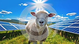 Portrait of a sheep on a meadow in front of solar power panels in bright daylight