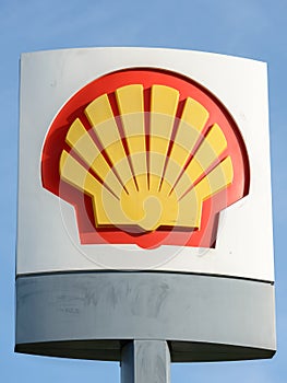 Portrait of Shell gas station sign outdoors