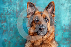 Portrait of shepherd dog on a blue background close-up.