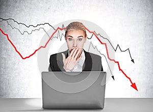 Portrait of shocked attractive business woman in suit sitting at the desk in front of laptop and experiencing the financial crisis
