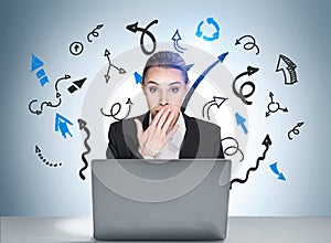 Portrait of shocked business woman in suit sitting at the desk in front of laptop, dreaming about career opportunities with hand