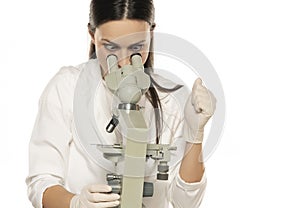 Portrait of shocked female scientist with microscope