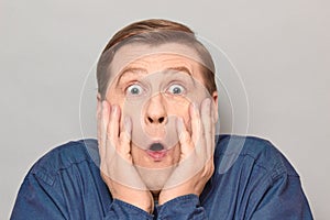 Portrait of shocked mature man with widened eyes and open mouth