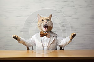 Portrait of shocked surprised shouting screaming business cat wearing suit sitting at the desk