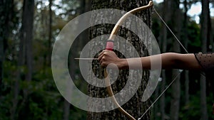 Portrait shoot of female shooting an arrow from the bow in the forest
