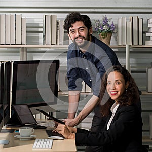 Portrait shot Caucasian professional successful bearded male businessman mentor in casual outfit standing smiling look at camera