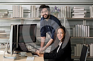 Portrait shot Caucasian professional successful bearded male businessman mentor in casual outfit standing smiling look at camera