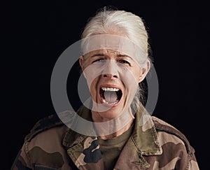 Portrait, shout and senior woman, soldier or Ukraine war hero with PTSD trauma, fear or depression anxiety. Military