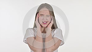 Portrait of Shouting Young Woman Screaming Loud, White Background