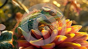 Portrait Showcasing the Intricate Beauty of a Colorful Chameleon on Vibrant Flower