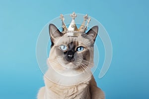Portrait of siamese cat aka thai cat wearing golden crown on blue solid background. Brown-beige cat with blue eyes.