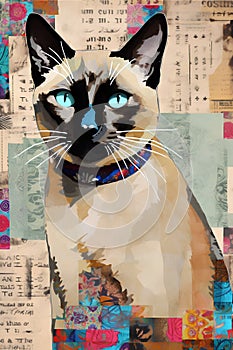 Portrait of a siamese cat with beautiful blue eyes on a background of old letters