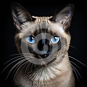 Portrait of a Siamese cat with blue eyes on a black background