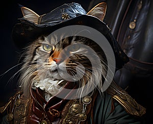 Portrait of a siberian cat in a pirate costume.