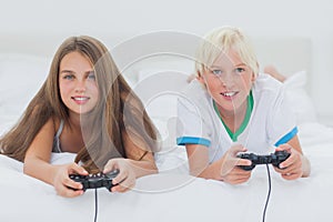 Portrait of siblings playing video games