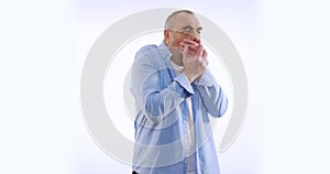 Portrait of sick man coughing and sore throat over white background. Male person face with flu symptoms.