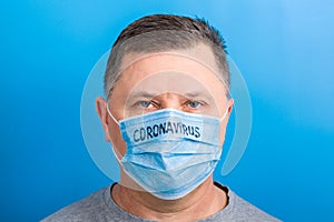 Portrait of a sick man wearing medical mask with text at blue background. concept. Protect your health