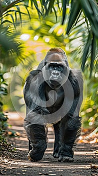 Silverback gorilla on jungle path