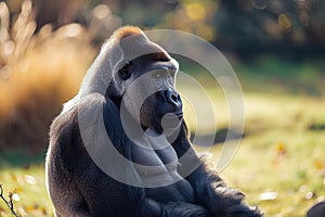 Portrait of sitting gorilla in wilderness