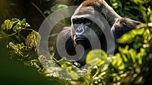 Portrait of sitting gorilla in wilderness. Generative AI