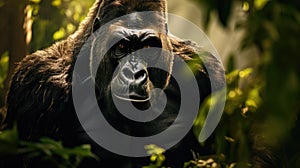 Portrait of sitting gorilla in wilderness. Generative AI