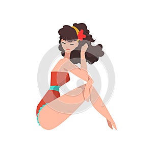 Portrait of sitting woman dressed in red retro swimsuit. Fashionable young girl with floral hoop in her long curly