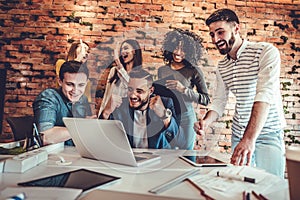 portrait of six nice stylish elegant classy cheerful cheery business sharks reading financial statistic of company in laptop