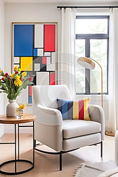 Portrait size of A living room with a Piet Mondrian-inspired armchair as the centerpiece. The armchair is geometric and colorful