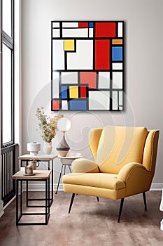 Portrait size of A living room with a Piet Mondrian-inspired armchair as the centerpiece. The armchair is geometric and colorful