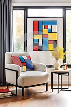 Portrait size of A living room with a Piet Mondrian-inspired armchair as the centerpiece. The armchair is geometric and colorful