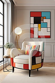 Portrait size of A living room with a Piet Mondrian-inspired armchair as the centerpiece. The armchair is geometric and colorful