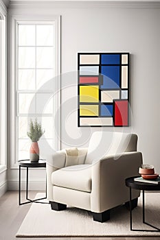 Portrait size of A living room with a Piet Mondrian-inspired armchair as the centerpiece. The armchair is geometric and colorful