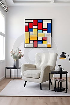 Portrait size of A living room with a Piet Mondrian-inspired armchair as the centerpiece. The armchair is geometric and colorful