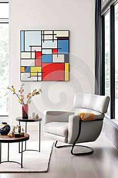 Portrait size of A living room with a Piet Mondrian-inspired armchair as the centerpiece. The armchair is geometric and colorful