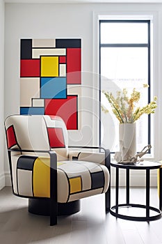 Portrait size of A living room with a Piet Mondrian-inspired armchair as the centerpiece. The armchair is geometric and colorful