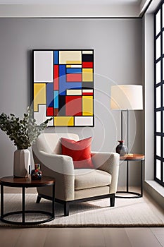 Portrait size of A living room with a Piet Mondrian-inspired armchair as the centerpiece. The armchair is geometric and colorful photo