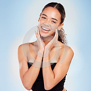 Portrait, skincare and beauty of happy woman for glow, shine and health isolated on blue background in studio. Face