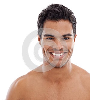 Portrait, skincare or happy man in studio for wellness, treatment or glowing skin on white background. Face, body or