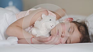 Portrait of a sleeping little girl. Beautiful child sleeping with a toy.