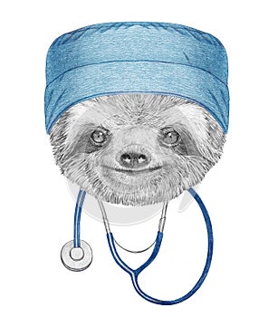 Portrait of Sloth with doctor cap and stethoscope. Hand-drawn illustration.