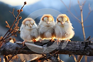 Portrait of small baby chickens on a branch, bright sunny day, on a ranch in the village, rural surroundings on the